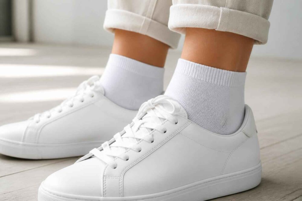 Białe sneakersy na stopach osoby w białych skarpetkach i podwiniętych spodniach