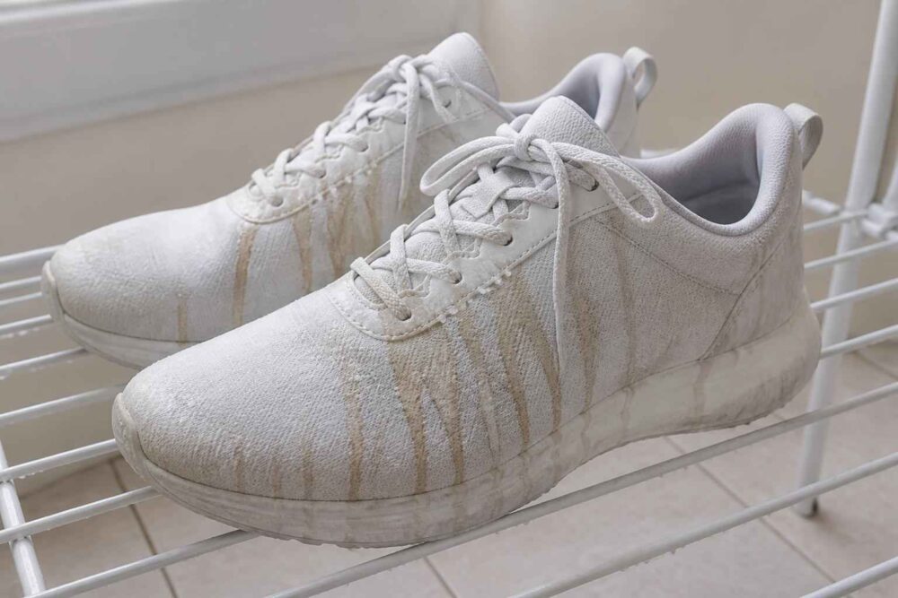 Para białych sneakersów z beżowymi detalami ustawiona na metalowej suszarce do prania