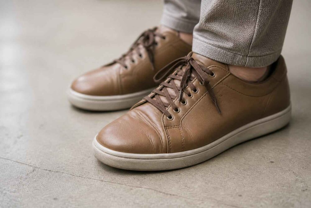 Brązowe skórzane sneakersy na stopach osoby stojącej na betonowej podłodze