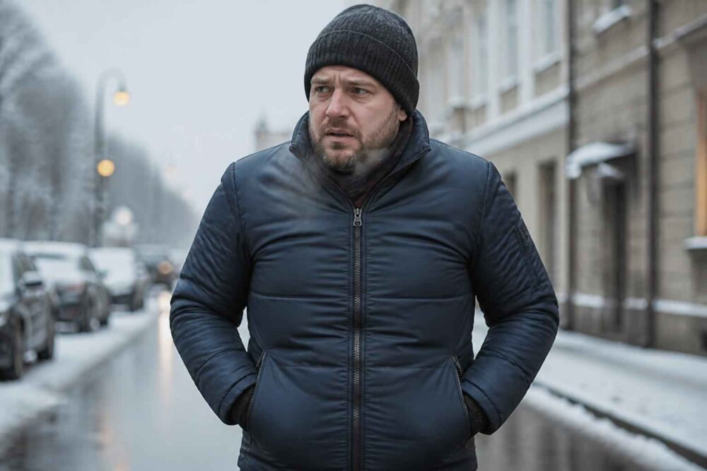 Mężczyzna w czarnej czapce i kurtce spaceruje zimą po miejskiej ulicy】【。